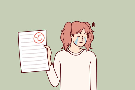 Unhappy crying teenage girl depressed because of negative mark on test or exam paperのイラスト素材