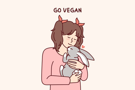 Little vegan older girl hugs rabbit that they wanted to use for food and cook for dinnerのイラスト素材