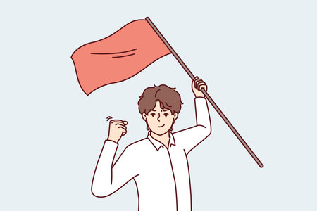 Man with red flag in hand makes victory gesture showing leadership qualities and motivating peopleのイラスト素材