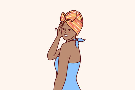 African American woman with traditional turban on head is dressed in blue dress for ethnic partyのイラスト素材