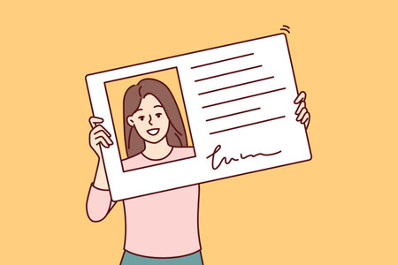 Smiling woman holding driver license or ID card to get access to office or business centerのイラスト素材