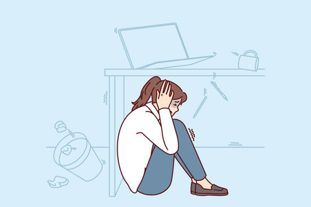 Frightened woman wait out earthquake hiding under office desk to save during building collapseのイラスト素材