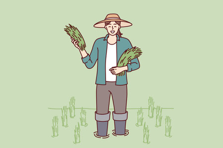 Farmer girl on rice plantation with rice sprouts during harvest season of organic wheat cropのイラスト素材
