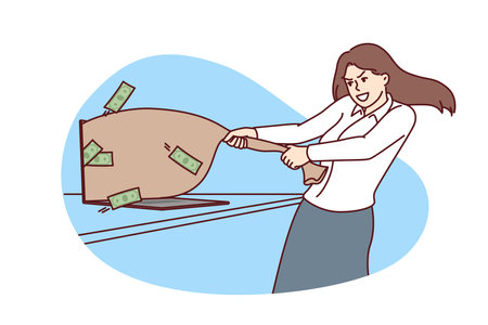 Businesswoman pulls out bag money from laptop symbolizing income from freelance job on Internetのイラスト素材