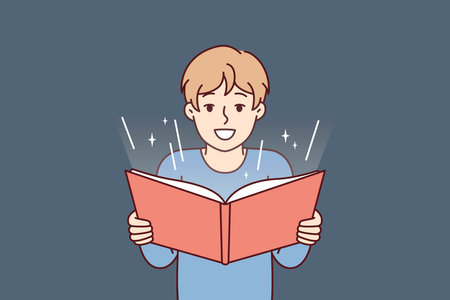 Boy before adolescence with open book in hands reads fairy tale or comics with interestのイラスト素材