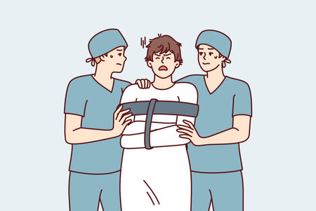 Two orderlies lead crazy man in straitjacket suffering from mental problems or schizophrenic illnessのイラスト素材