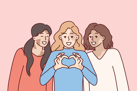 Three women with vitiligo syndrome are smiling demonstrating heart gesture as sign of self-loveのイラスト素材