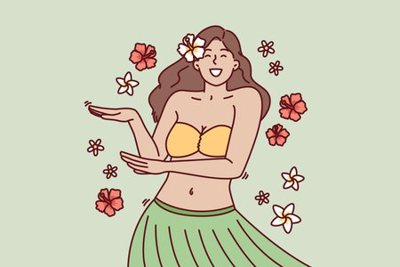 Girl in exotic outfit dances hula relaxing at Hawaiian resort or theme party in nightclubのイラスト素材