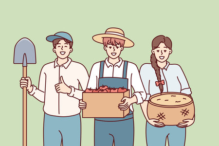 Woman and man dressed as farmers smiling rejoicing at harvest or good sales at agricultural fairのイラスト素材