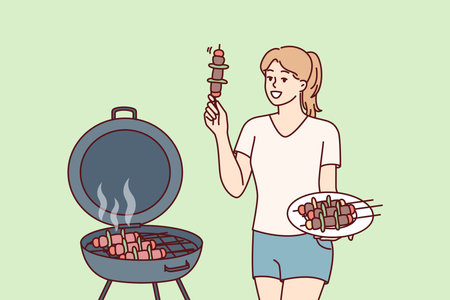 Woman barbecues on outdoor grill in backyard of home preparing for BBQ picnic partyのイラスト素材