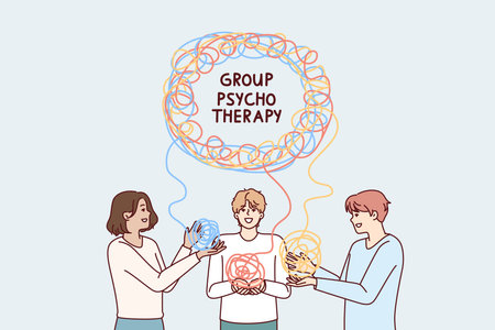 Men in group psychotherapy session trying to solve mental problems at psychiatrist appointmentのイラスト素材