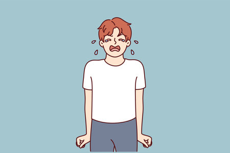 Crying boy stands clenching fists nervous after receiving reprimand from parentsのイラスト素材