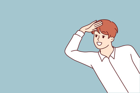Boy looks out and puts hand to forehead to look into distance and find interesting offerのイラスト素材