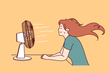 Woman sitting in front fan enjoying cold wind after walking in hot summer weather or doing houseworkのイラスト素材