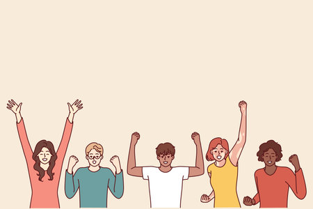 Delighted diverse people making victory gestures with hands enjoying joint successのイラスト素材