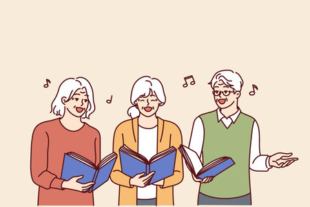 Chorus elderly men and women with workbooks in hands singing song together and enjoying old ageのイラスト素材