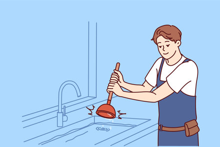 Man plumber is dressed in overalls uses plunger to clear blockage in sink in kitchen or bathroomのイラスト素材
