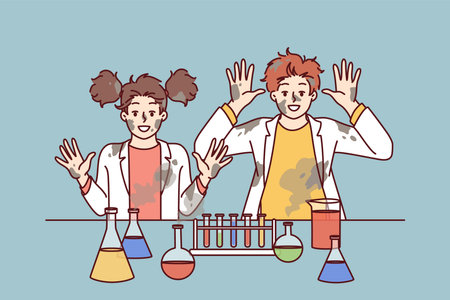 Funny children in laboratory raise hands after unexpected reaction when mixing chemical reagentsのイラスト素材