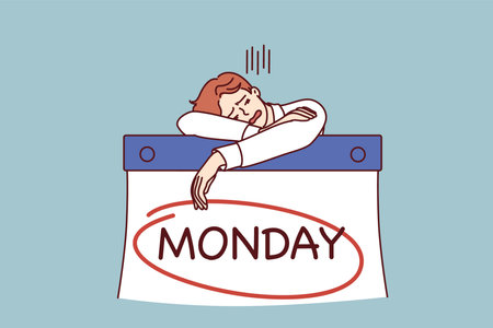 Man workaholic sleeps leaning on giant calendar with inscription Monday feeling burnedのイラスト素材