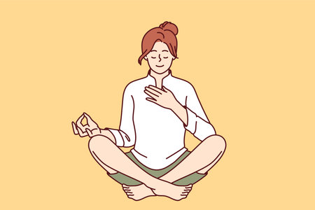 Woman meditates with hand on heart and wishes to heal herself through yoga and spiritual practiceのイラスト素材