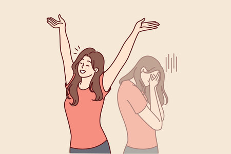 Woman raises hands up and rejoices having got rid of bad emotions and depression spoiling moodのイラスト素材