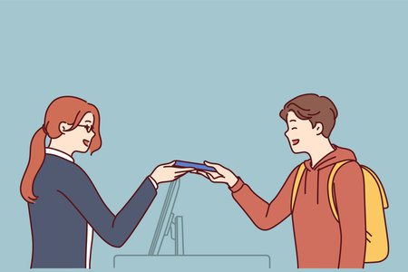 Woman working as secretary or at hotel at reception serves man by holding out magnetic keyのイラスト素材