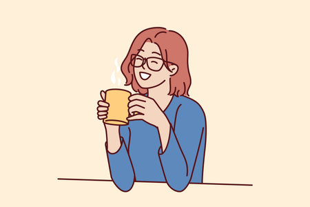 Joyful woman holding coffee mug sitting at table and smiling remembering happy moments from lifeのイラスト素材