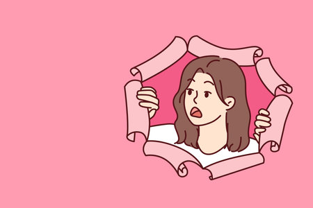Shocked woman peeks out of hole in torn paper and looks away after seeing unexpected discountのイラスト素材