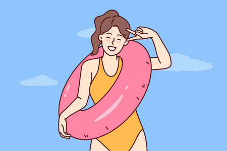 Happy woman in swimsuit for sunbathing and swimming in ocean rejoices summer vacationのイラスト素材