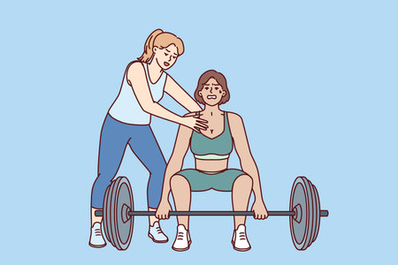 Strong athlete lifts heavy barbell under supervision of personal trainer from gym teaching wardのイラスト素材
