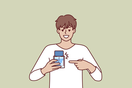 Man pointing finger at perfume bottle recommending to buy cologne or antiperspirant with cool scentのイラスト素材
