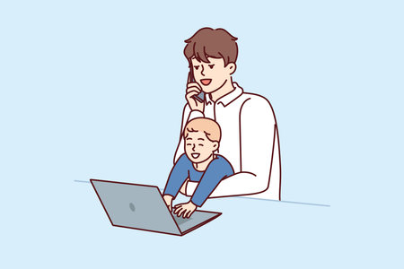 Father freelancer with baby in arms works with laptop and makes phone call during quarantineのイラスト素材