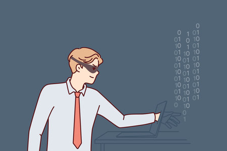 Man hacker in mask hiding face reaches out to laptop screen to steal important informationのイラスト素材