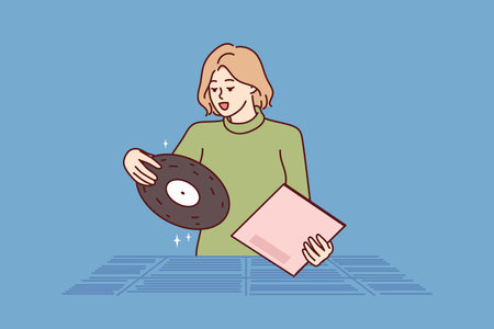 Woman chooses vinyl record standing in store for retro music collectors and analog audio loversのイラスト素材