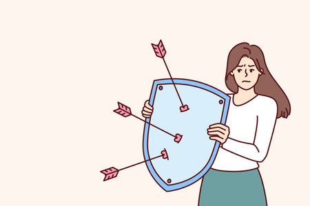 Disgruntled woman with shield defends herself from harassment and annoying advances from boyfriendのイラスト素材