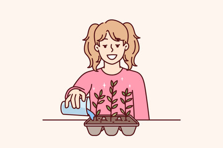 Little girl is watering plant in form of eggshell for concept of ecology and zero waste gardeningのイラスト素材
