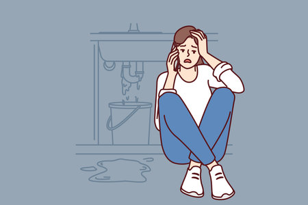 Woman sits near leaking sink in bathroom or in kitchen making call to plumber to repair pipelineのイラスト素材