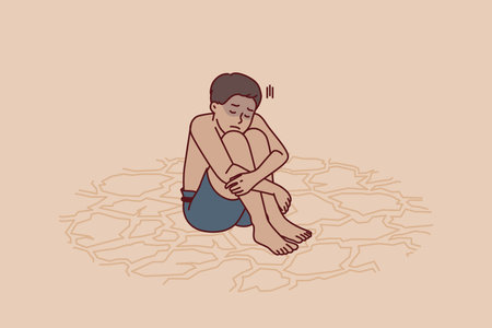 Sad boy feeling thirsty sits on dry ground after climate change and pollution of eco environmentのイラスト素材