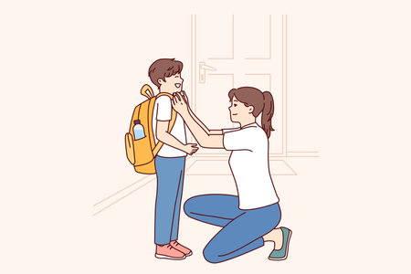 Single mother prepares young son of student in elementary school as trip to lessonsのイラスト素材