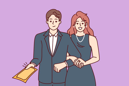 Elegant man and woman in formal evening wear for event demonstrating invitation to ceremonyのイラスト素材