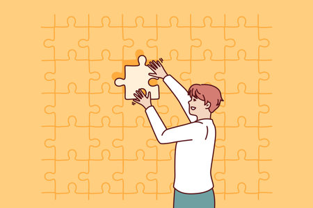 Business man putting last piece of puzzle in free space for problem solving conceptのイラスト素材
