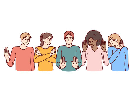 Group of multiethnic people show stop gestures not wanting to accept discriminationのイラスト素材