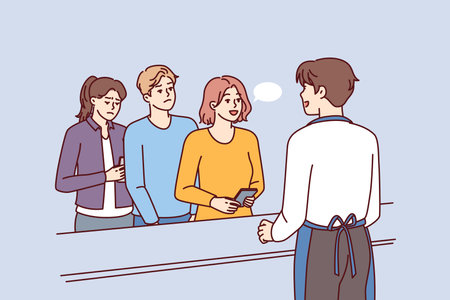 Leisurely woman talking to cashier ignoring queue of customers in cafe or grocery storeのイラスト素材