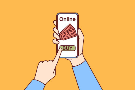 Hands with phone using applications to buy tickets for football match or concert of musical groupのイラスト素材