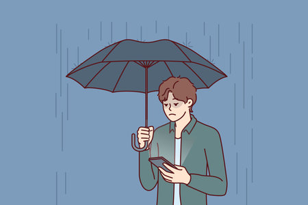 Sad man with umbrella stands in rain and reads SMS in phone from girlfriend refused to come on dateのイラスト素材