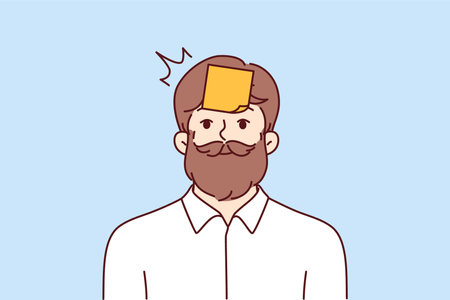 Hipster man with sticky notes on forehead tries to guess what is written on stickerのイラスト素材
