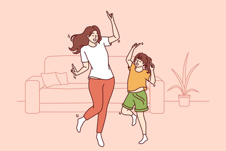 Active family of dancing young mother and teenage daughter enjoying movement to musicのイラスト素材