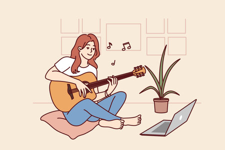 Woman plays guitar sitting in front of laptop and gets musical skills from watching video lessonのイラスト素材