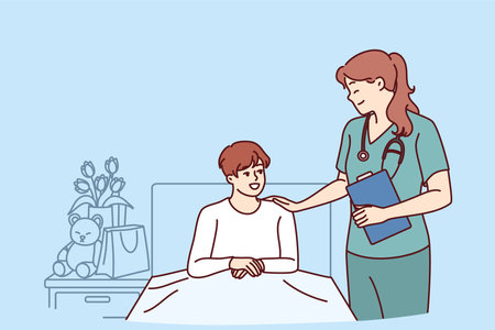 Woman doctor near boy lying on bed in hospital after complications of chronic diseaseのイラスト素材