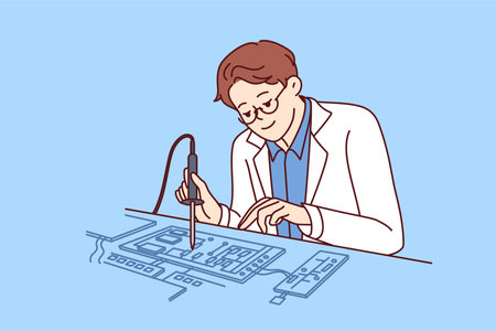 Man engineer uses soldering iron to repair computer board or invent new technologyのイラスト素材